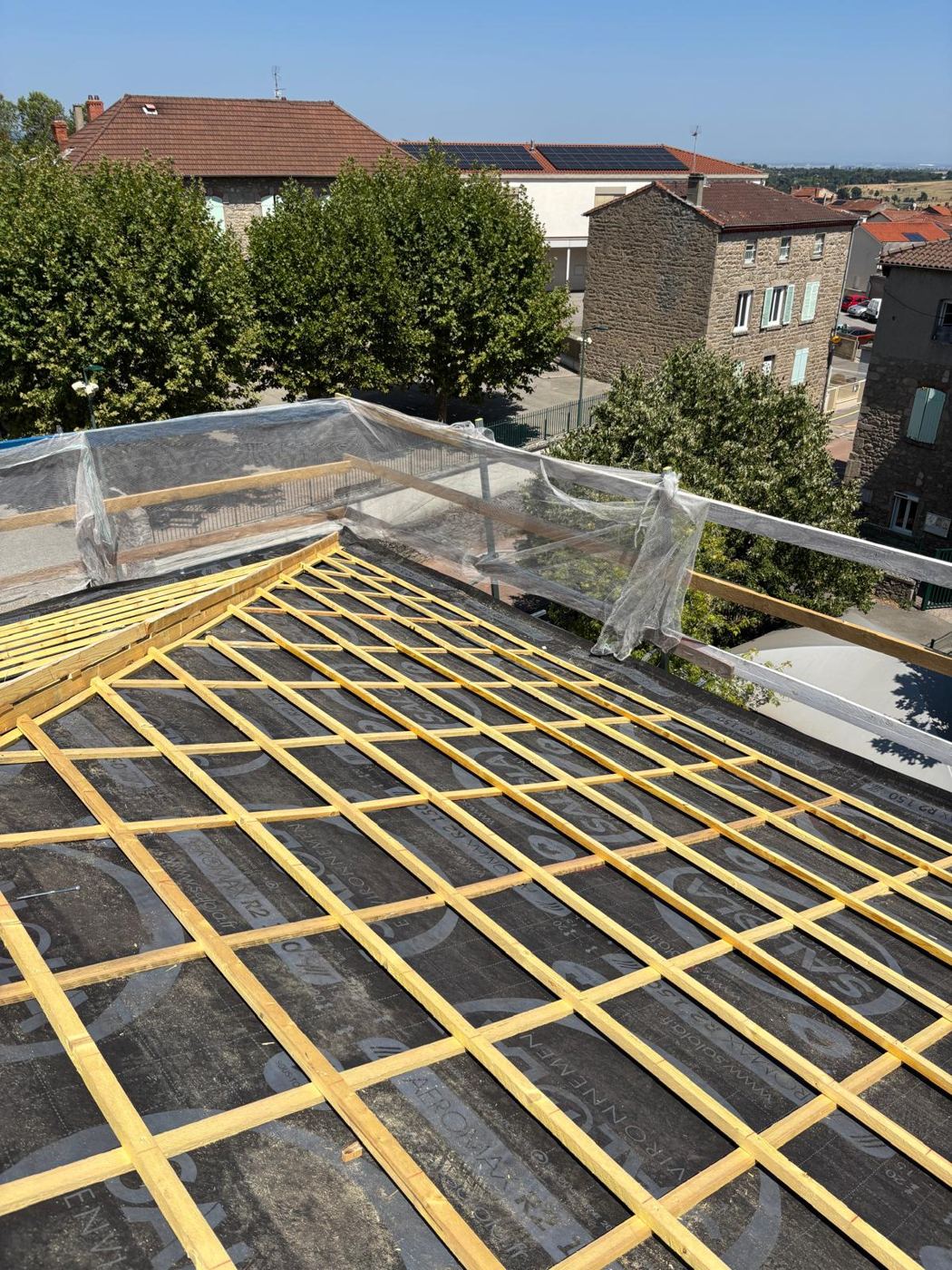 Liteaunage neuf et filet de protection côté cour de l'école, Soucieu-en-Jarrest
